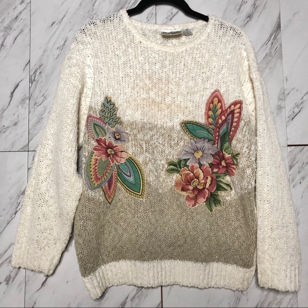 Vintage Floral Patchwork Chunky Metallic Knit Sweater SZ M - Picture 2 of 5